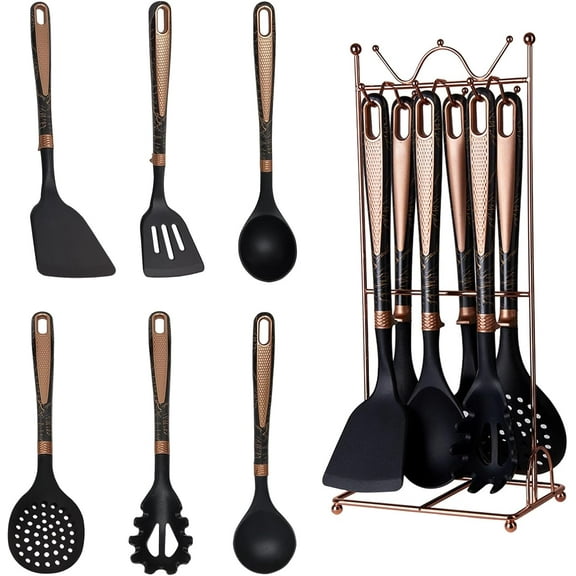 Silicone Cooking Utensils Set, Luxury 7 Pcs Kitchen Utensils Set with Hanging Shelf, Heat Resistant Spatula Turner Set for Nonstick Cookware, Kitchenware Sets for Kitchen Home Restaurant