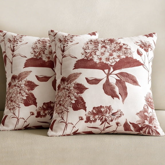 COOKCOK Set of 2 Vintage Floral Throw Pillow Covers, 18" x 18" Neutral Block Print Decorative Cushion Covers, Double-Sided Boho Farmhouse Decor for Sofa Couch Bed, Red