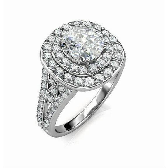 Split Shank Diamond Wedding Ring, Women Double Halo Diamond Ring, Pave Set Round Cut Diamond Engagement Ring, Cluster Daily Wear Anniversay Ring, 2.2 Ct Simulated Diamond, 925 Sterling Silver