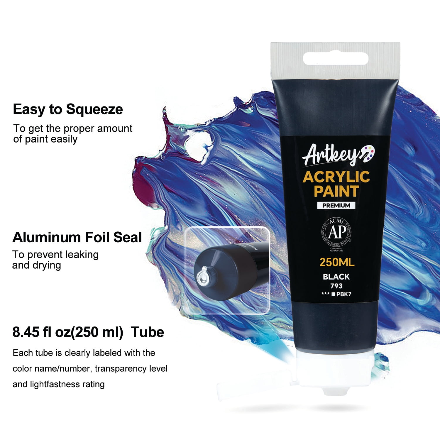 Artkey Acrylic Craft Paint - Black Tubes, Multi-Surface, Semi-Gloss, 250 ml/8.45 fl oz