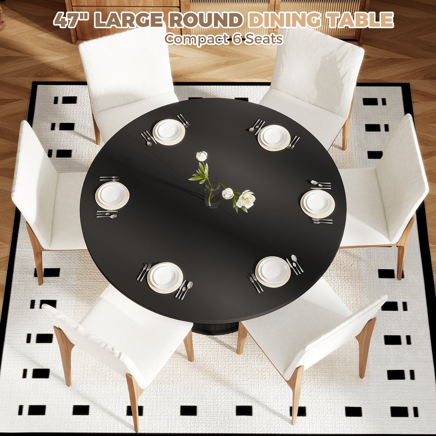 BaPiPro 47" Large Round Dining Table for 4 Person, Modern Farmhouse Kitchen Table with Hidden Storage for Dining Room, Black