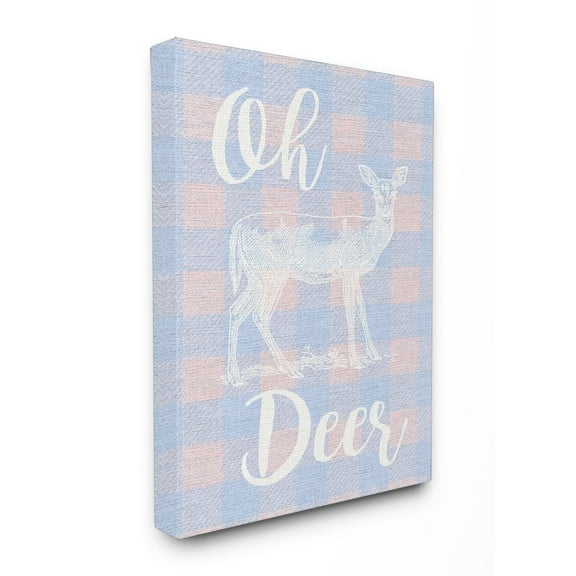 Oh Deer White Stamp on Pink Plaid Stretched Canvas Wall Art, 16 x 1.5 x 20