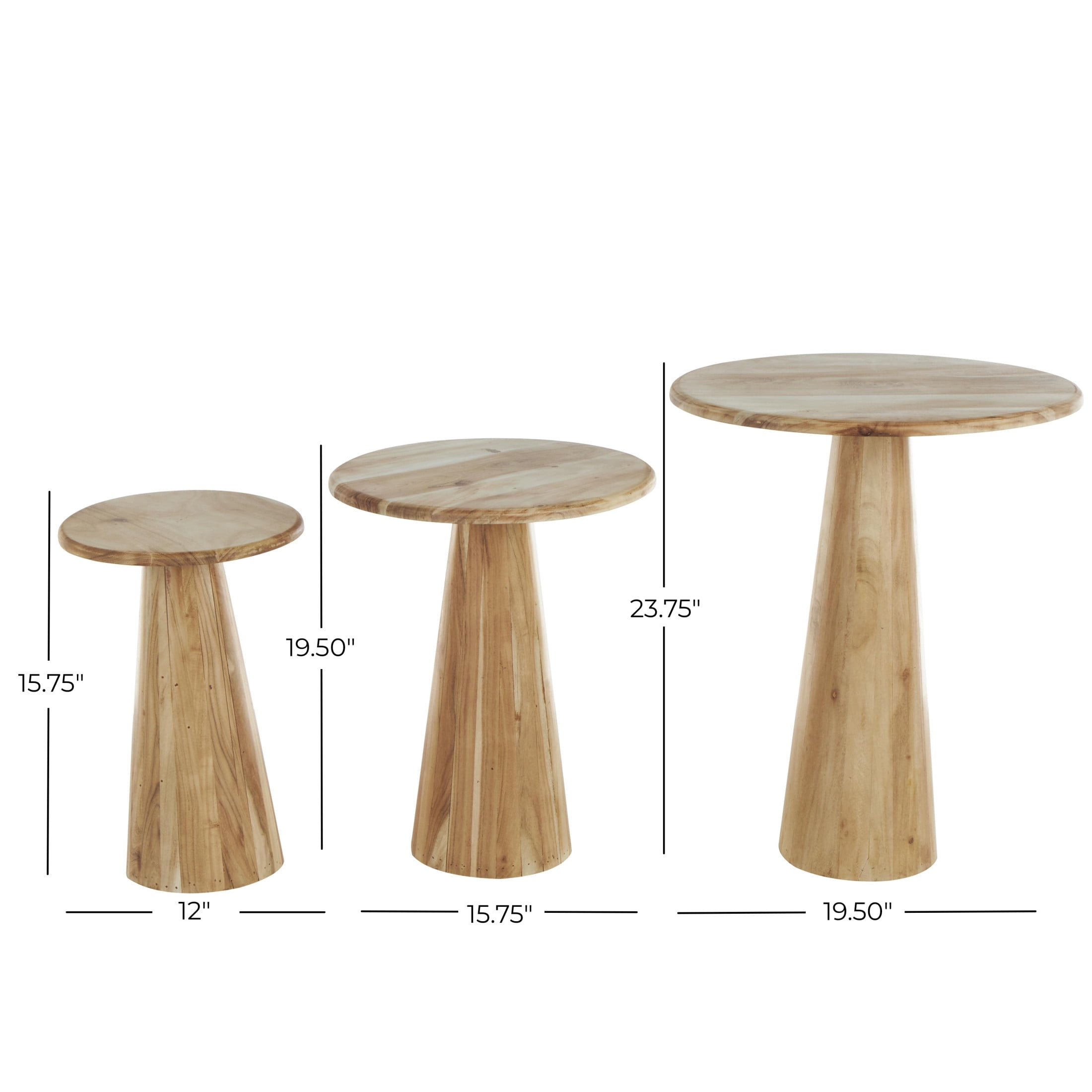DecMode 20" x 24" Light Brown Wood Accent Table with Natural Wood Grains and Cone Shaped Bases, 3-Pieces