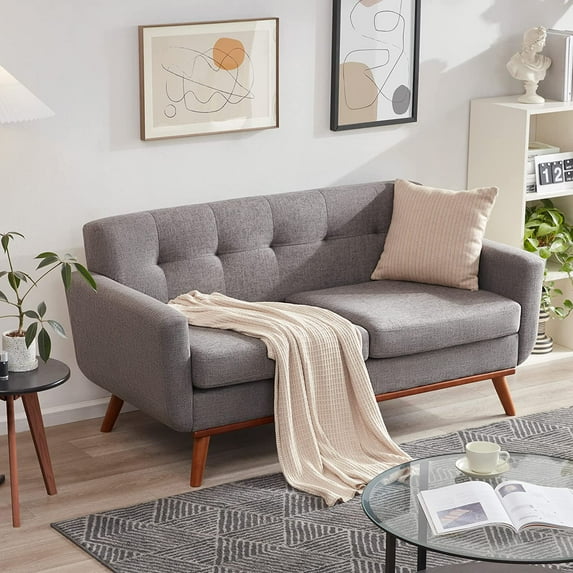 Tbfit 67" W Loveseat Sofa, Mid Century Modern Decor Love Seat Couches for Living Room, Button Tufted Upholstered Small Couch for Bedroom, Solid and Easy to Install Love Seats Furniture, Dark Grey