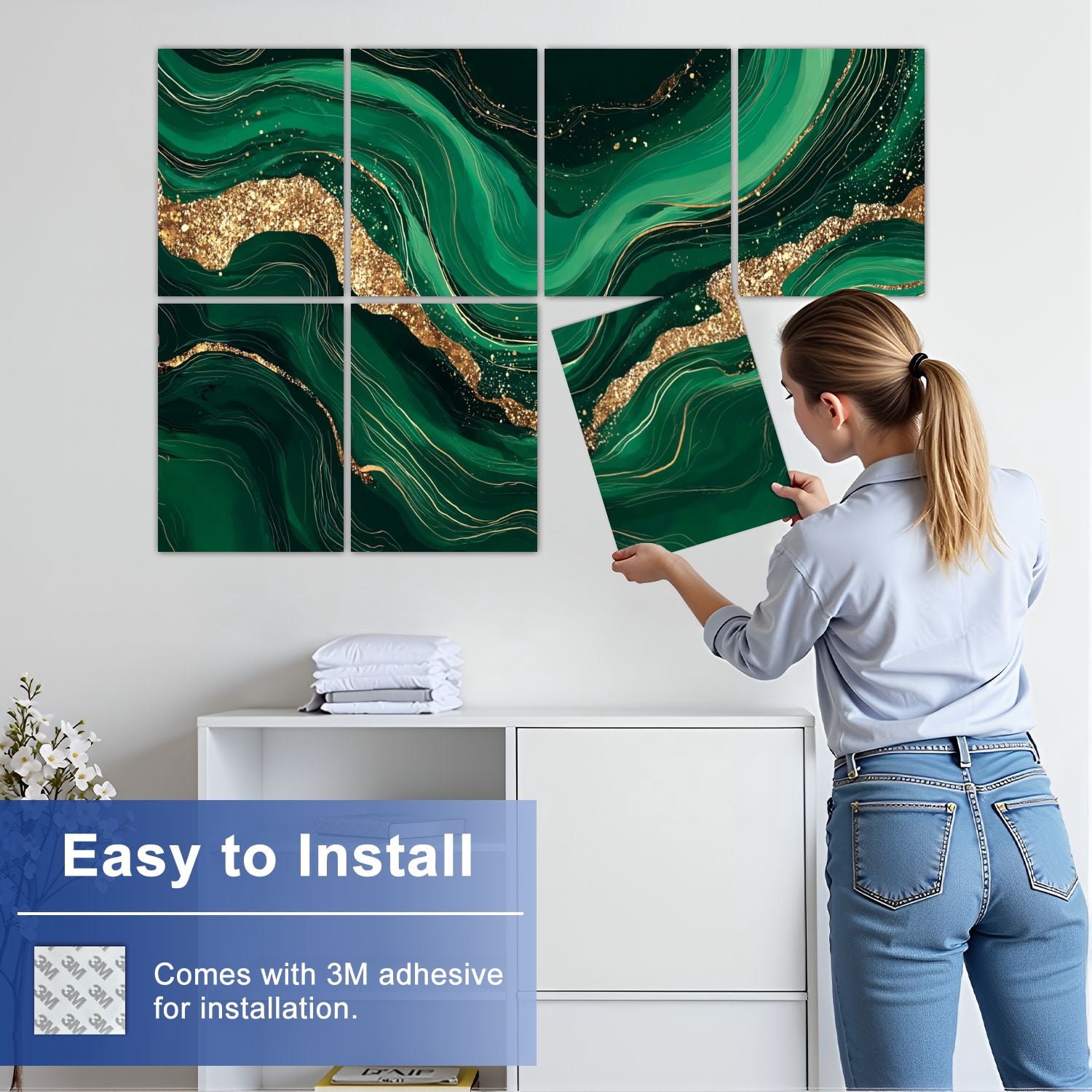 Marble 8 Pack Art Acoustic Panels Sound Absorbing luxury Green marble gold texture Dark green emerald marbling Decorative Soundproof Wall Panels Self Adhesive for Nursery Game Room Bedroom 48"x32"