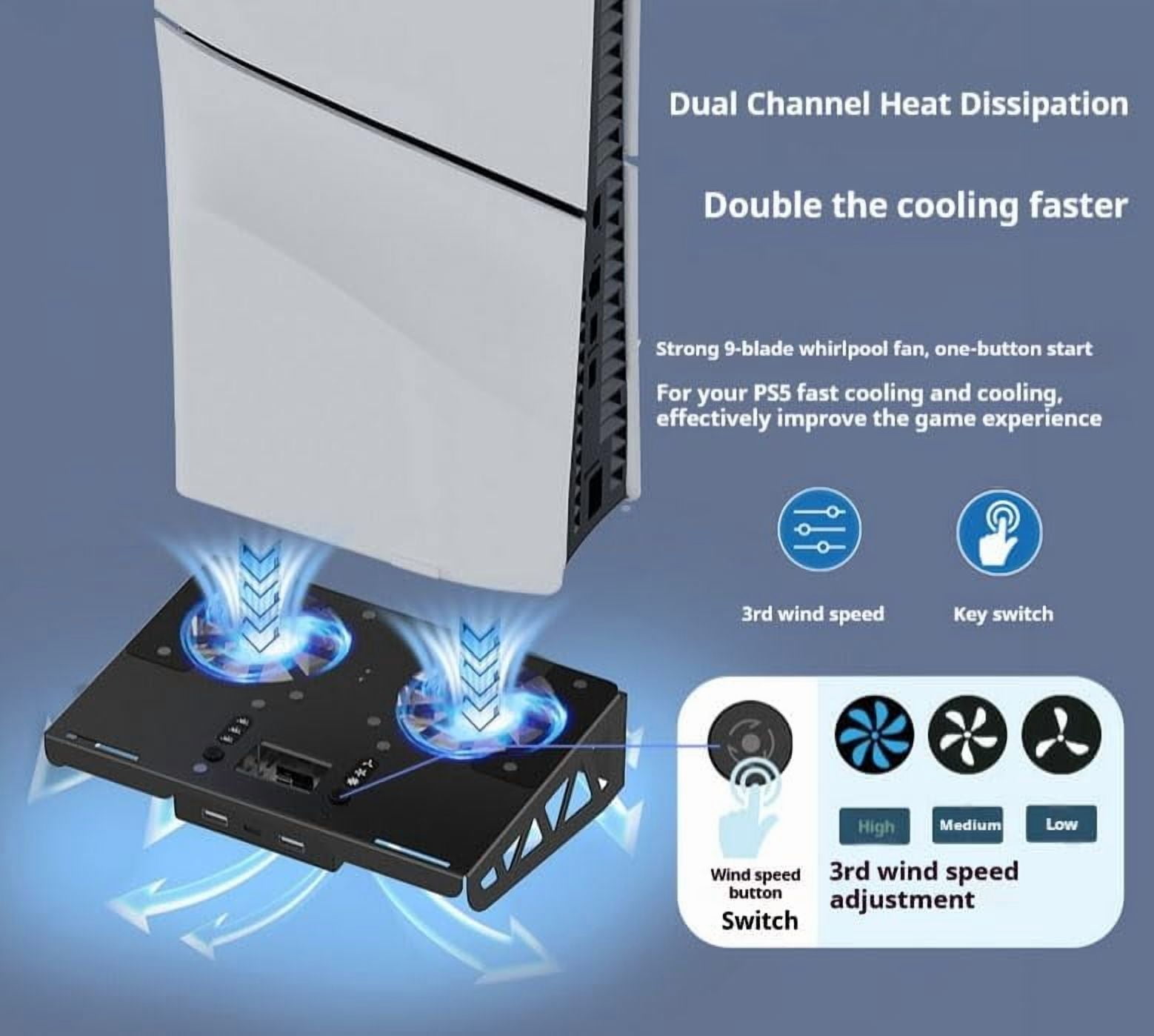 Wall Mount for PS5 Pro/Slim/P5 CD-ROM and Digital Edition with Cooling Fan and Handle, Charging Cradle with Headphone Storage Hook and Mounting Bolt Assembly