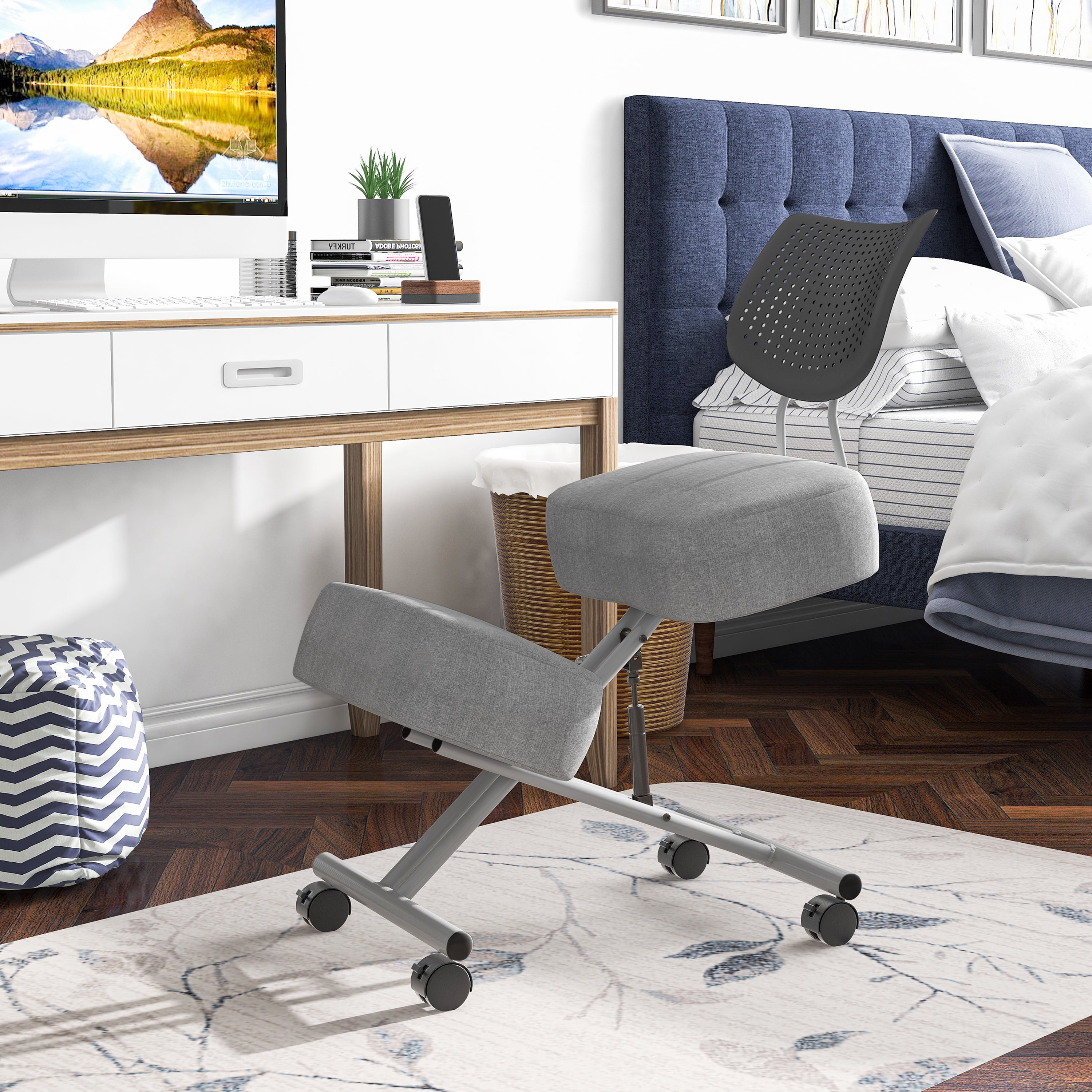 Furniture of America Lemerra Kneeling Desk Chair with Wheels, Light Gray Fabric