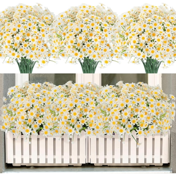 10 Bundles Artificial Daisies Flowers Outdoor, Fake Plastic Plants UV Resistant Faux Greenery for Hanging Planters Window Box Front Porch Indoor Outside Decorations (White)