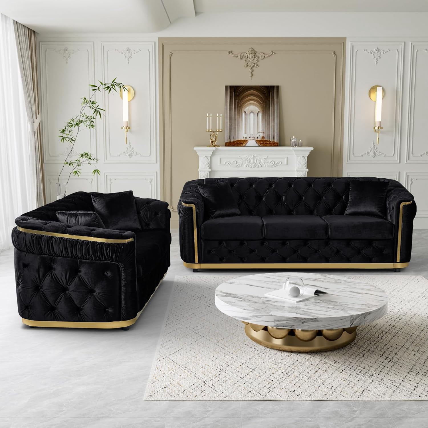 Wiilayok 84.6" Velvet Button Tufted Sofa,Mid-Century Classic Chesterfield Sofa Couch with Thick Backrest&Armrest,Gold Steel Accents,3 Seat Sofa Couches for Living Room,Black