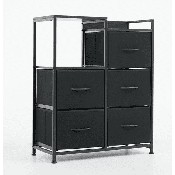 Fabric Storage Dresser with 5 Drawers & 2-Tier Open Shelves, Wide Closet Organizer Cabinet for Bedroom Living Room