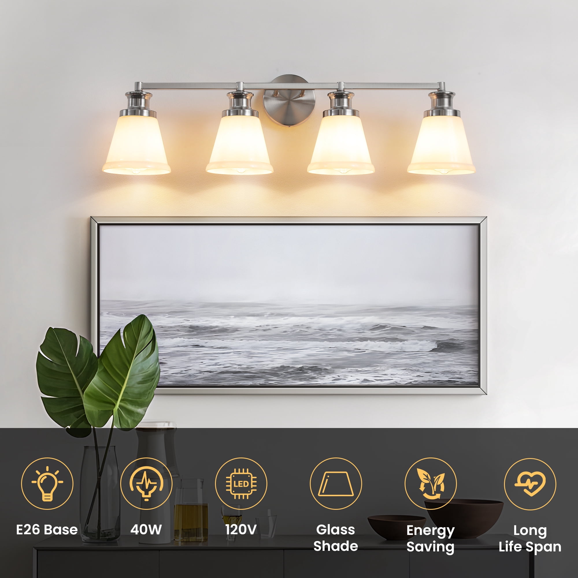 Bathroom Vanity Light Fixtures 4 Lights Modern Bathroom Lighting Fixtures Over Mirror with Frosted Milky Glass Shade Brushed Nickel Wall Sconce for Bath Bedroom