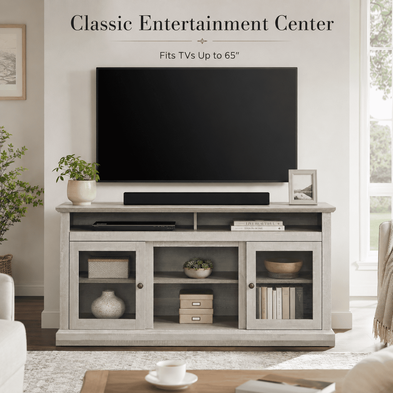 Aukfa 60" Farmhouse TV Stand for TVs up to 65", Wood Entertainment Center, Cable Management, Gray