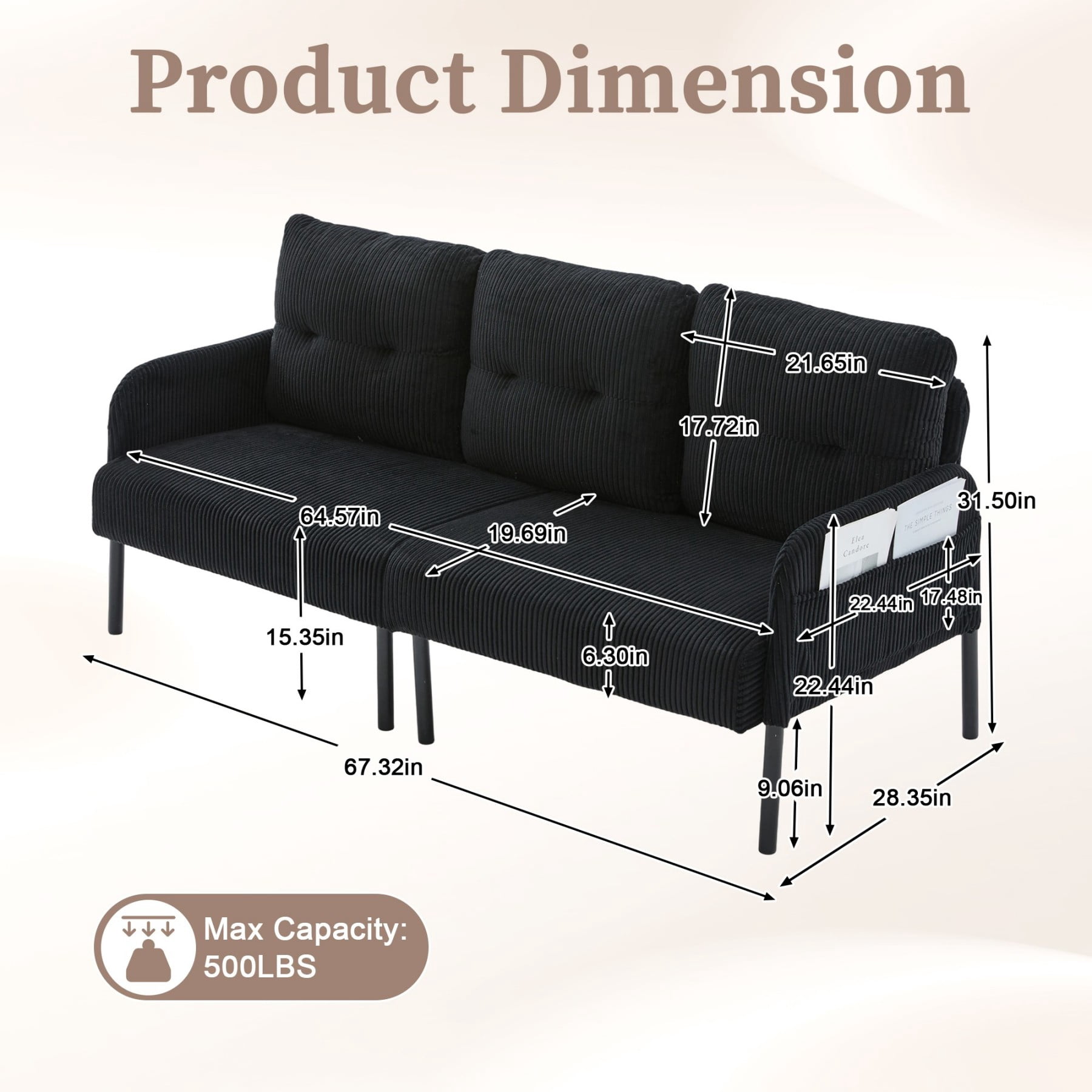 Oversized Loveseat Sofa, Modern Corduroy Upholstered Couch with Side Pockets & Metal Legs for Living Room Bedroom, Black