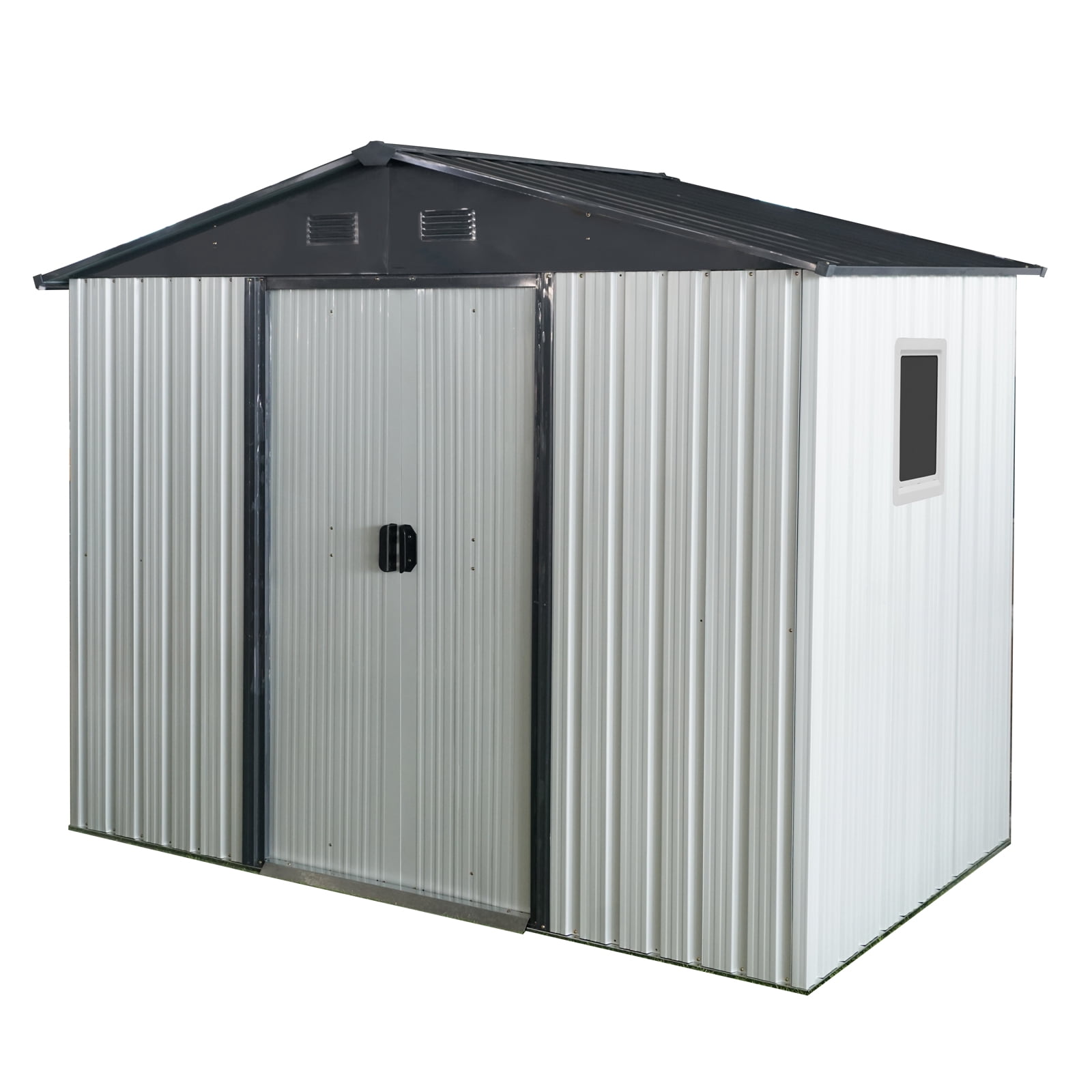 Mintazer 8x4FT Galvanized Steel Outdoor Storage Shed with Lockable Sliding Doors & Window, Weatherproof Metal Garden Tool Shed with Air Vents for Backyard Lawn Patio, White