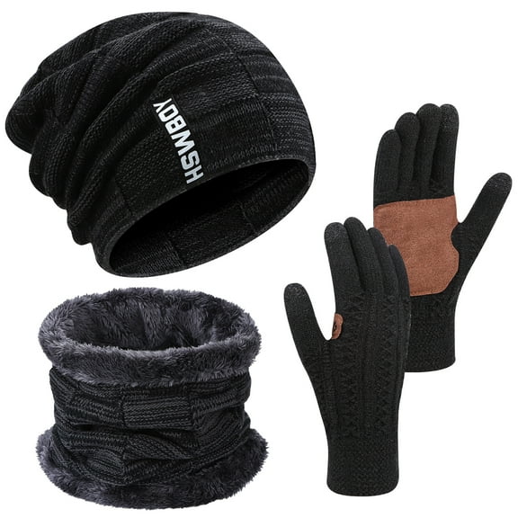 Bocaoying 3 Pcs Winter Hat Gloves Scarf Set for Men, Fleece Lined Beanie Scarf Touchscreen Gloves, 3 in 1 Men Warm Knitted Set Cycling Running Skiing Hiking for Cold Weather