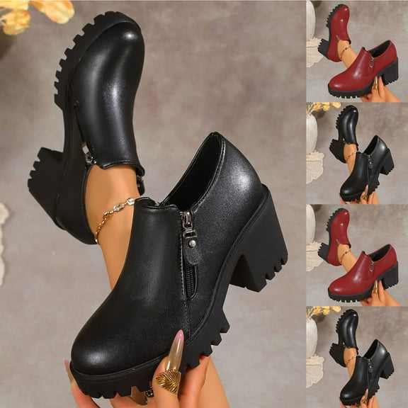 Eltusu Women Loafer Shoes, Round Toe Mid High Heels Block Heel No Slip Dress Shoes Red Size 5.5-9.5