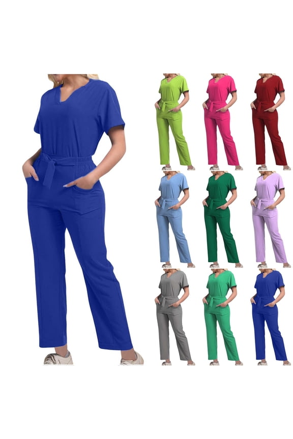 Scrubs Sets for Woman Short Sleeve Work Tee & Straight Leg Joggers Pants 2 Piece Sets Nursing Uniform Set with Pockets Army Green,S