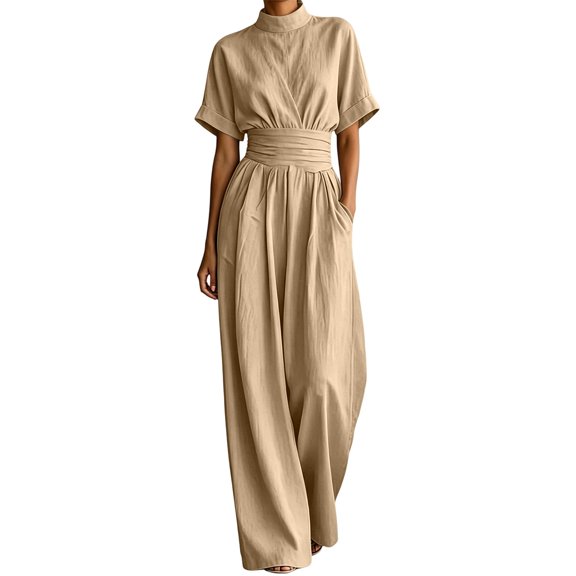 AJGRHE Women's Wide Leg Jumpsuits Summer Half Turtleneck Short Sleeve Wide Leg Jumpsuit Casual Solid Loose Long Pants Fashionable Piece Khaki S