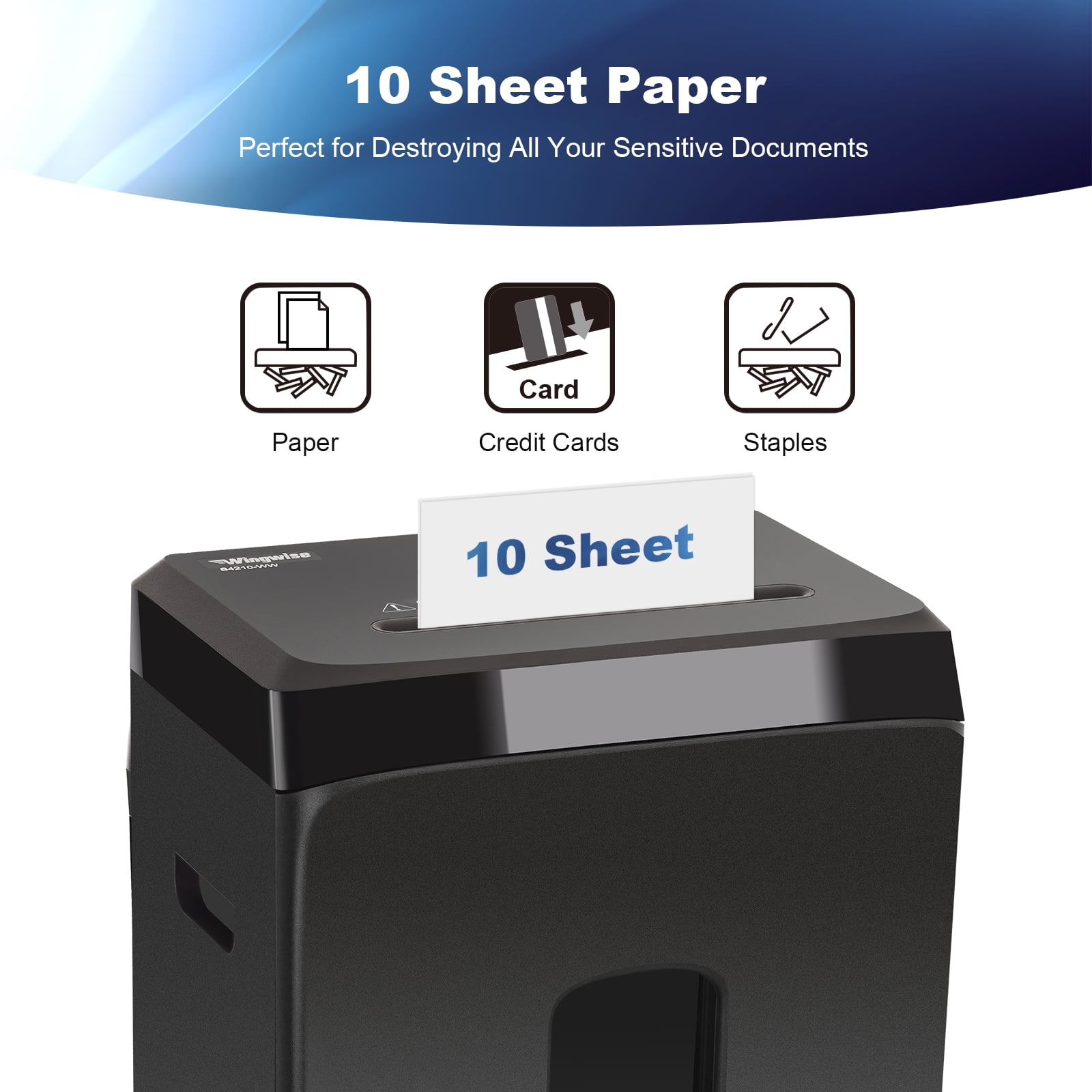 Wingwise 10-Sheet Cross Cut Heavy Duty Paper Shredder with 6.1 Gallon Wastebasket for Home Office Use,Black