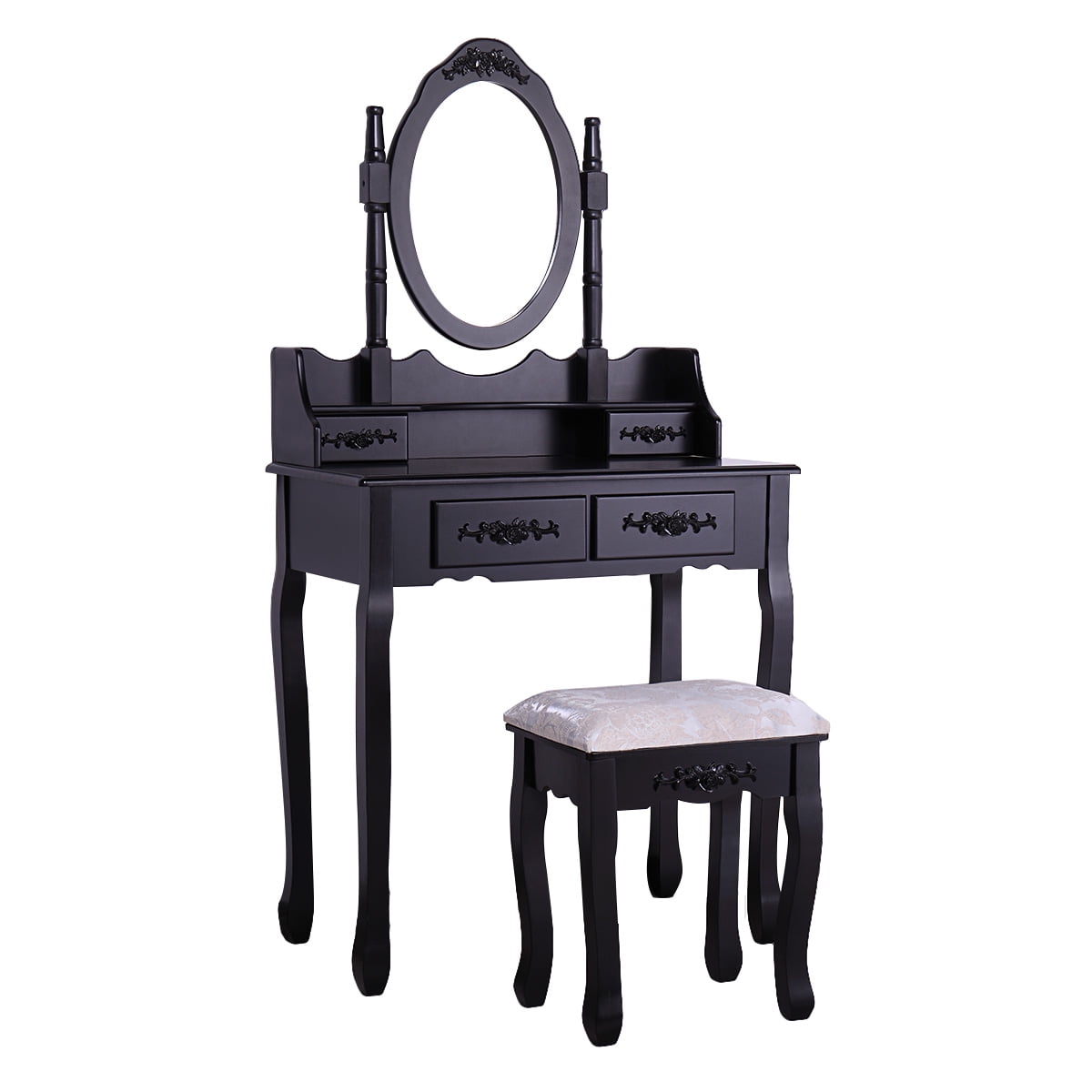 Kepooman Mid Century Vanity Set, Makeup Vanity Desk with 4 Drawers / Oval Mirror / Cushioned Stool - Black Kepooman Mid Century Vanity Set, Makeup Vanity Desk with 4 Drawers / Oval Mirror / Cushioned Stool - Black