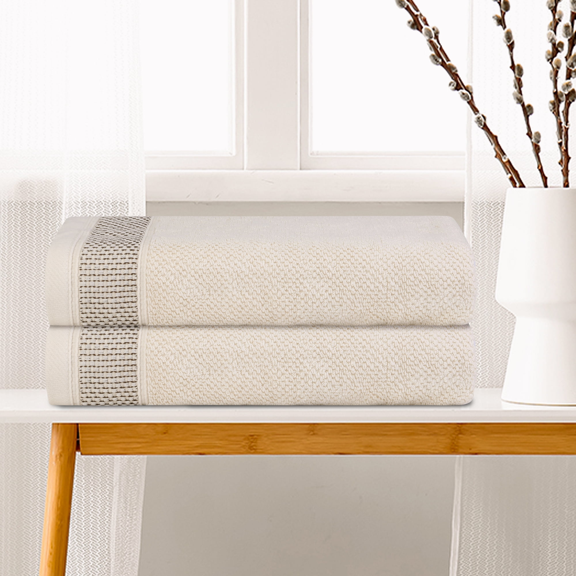 Unique Bargains 100% Cotton 2 Pack Solid Bath Towels Quick Dry and Absorbent Light Brown