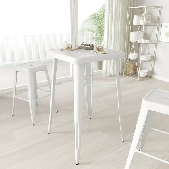 Merrick Lane Bar Height Patio Dining Table with White Metal Frame and 23.75" Square Top