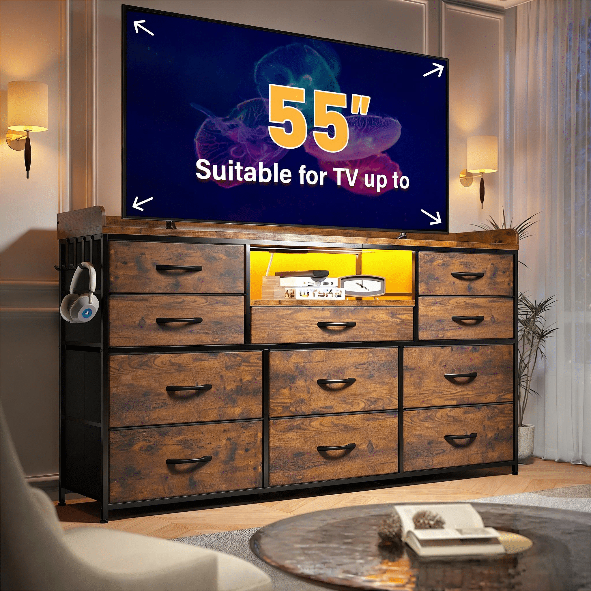EnHomee TV Stand for 55" TV Fabric Dresser with LED Lights & Power Outlets,Rustic Brown