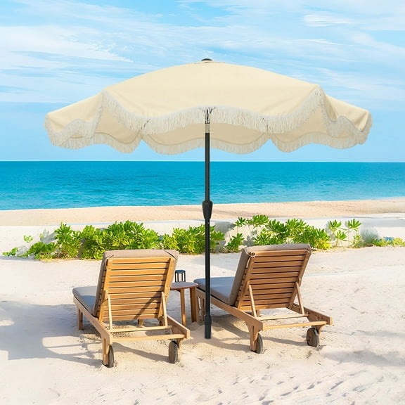 Mondawe 9FT Beach Umbrella with Fringe, Outdoor Market Umbrellas with Crank and Push Button Tilt for Garden Lawn Pool Yard Table, Beige