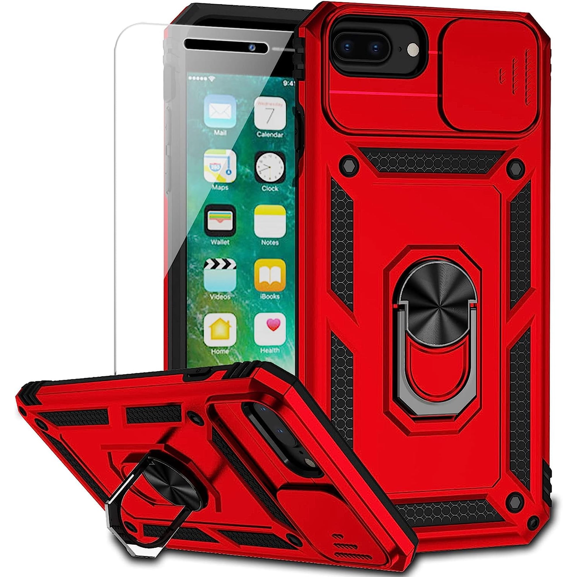 for iPhone 8 Plus / iPhone 7 Plus / iPhone 6 Plus Case, 15 ft Military Grade Drop Protection Magnetic Ring Holder Kickstand Protective Phone Case (Red)