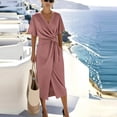 thumbnail image 5 of Axiiglly Midi Dresses for Women V Neck Short Sleeve Ruched Wrap Slim Beach Vacation Sundresses with Pockets, S-3XL, 5 of 6