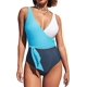 thumbnail image 1 of 1pcs Azul Mujer Escote en Pico Traje de baño Estilo envolvente Bloques Elegante Traje de baño de 1 pieza, 1 of 5