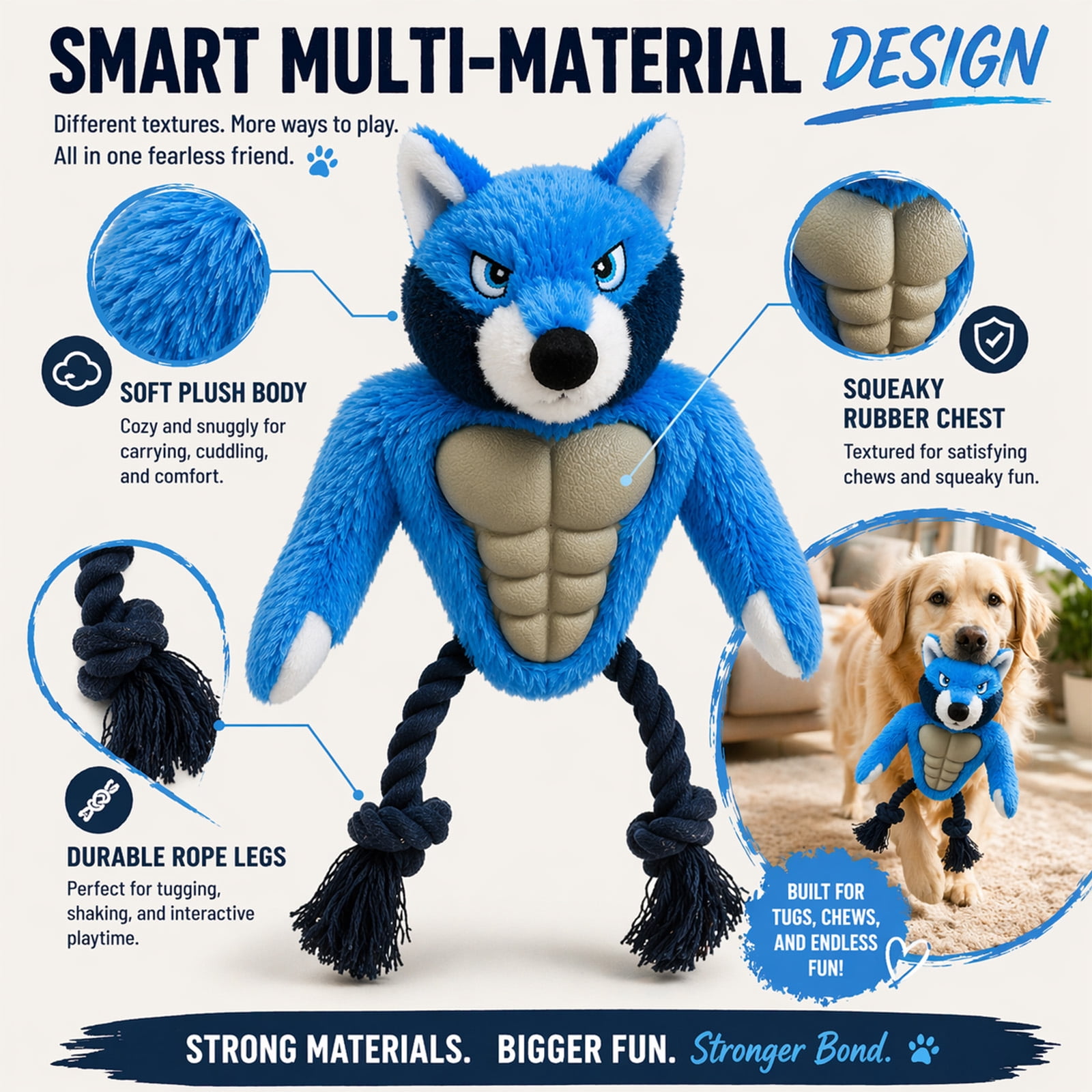 Calibonbon Wolf Rope & Plush Dog Toy with Squeaker, Interactive Tug Toy for Medium to Large Dogs, Multi-Texture Toy for Tug, Toss & Supervised Play