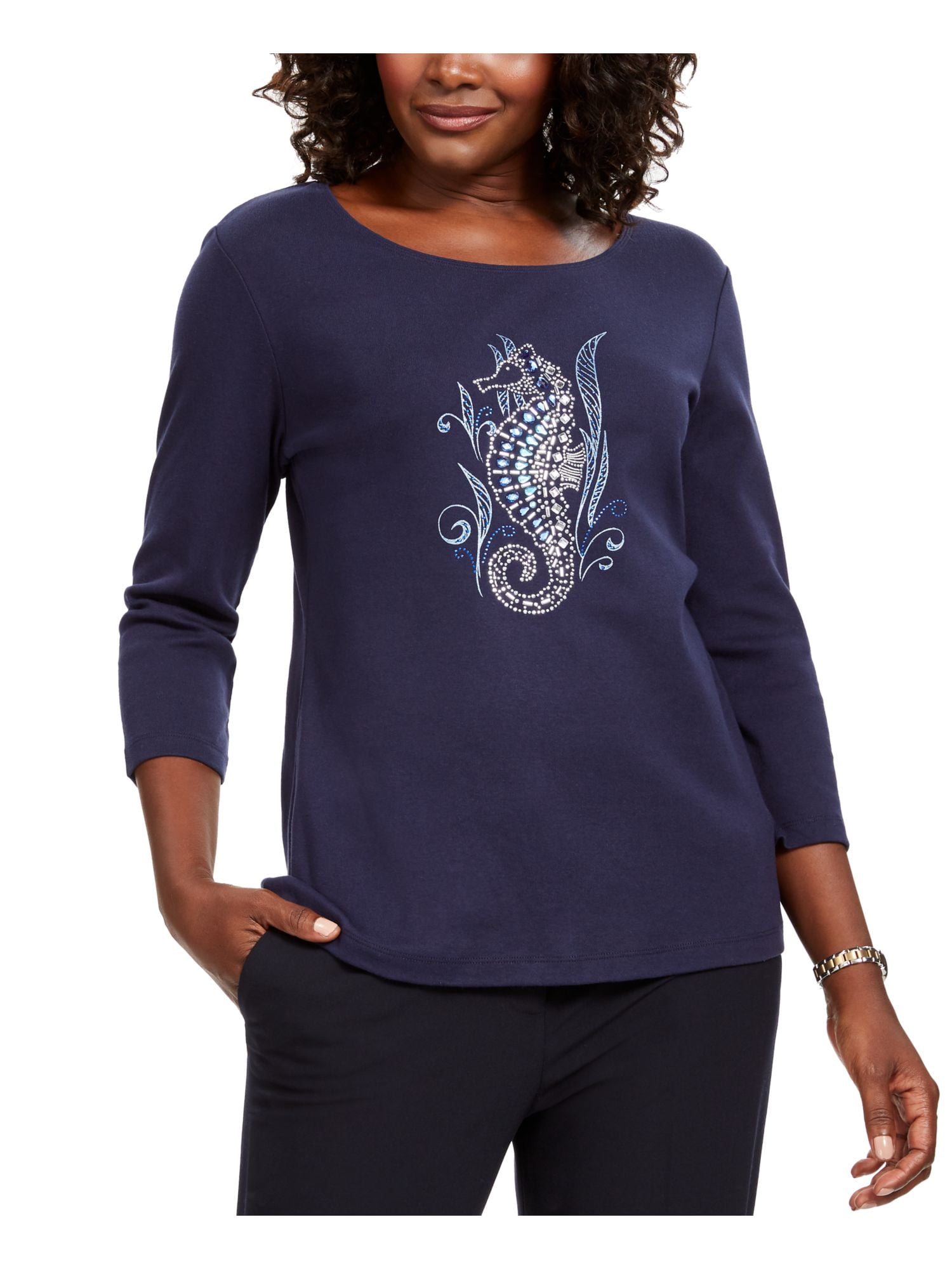 Karen Scott KAREN SCOTT Womens Navy Embellished 3/4 Sleeve Jewel Neck