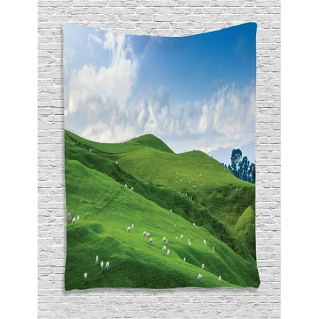 Sheep Tapestry - Farm House Decor Wall Hanging Tapestry, Sheep Under Blue Sky Trees Grassland Highland Nature Landscape Scenery Picture, Bedroom Living Room Dorm Accessories, By Ambesonne