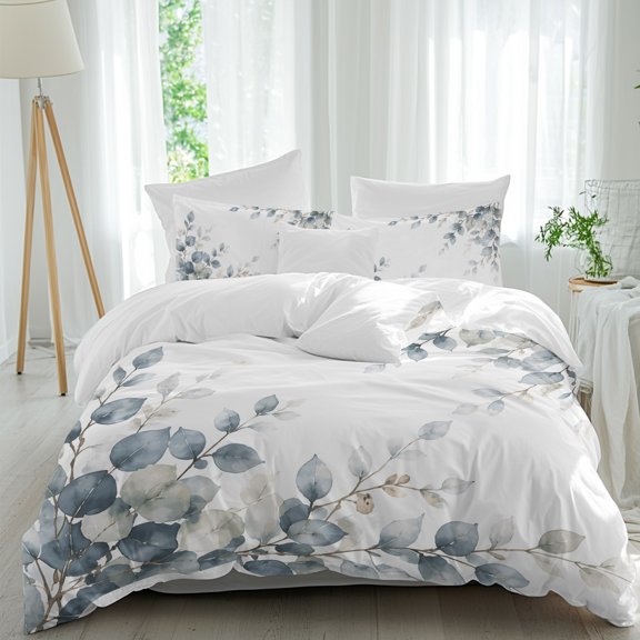 Duvet Cover Twin Size 3 Piece Bedding Set, Country Eucalyptus Leaf Soft Breathable Comforter Cover with 2 Pillow Shams, Watercolor Light Blue Leaves Luxury Duvet Covers with Zipper Closure