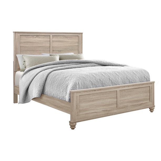 Wooden Queen Size Bed with Panel Headboard and Turned Legs, Beige