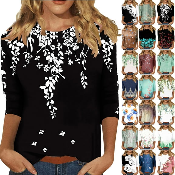 Holiday Sales BiZtdJrK 3/4 Length Sleeve Womens Tops Trendy Boho Floral Print Tunic Tops Dressy Casual Round Neck Blouse Loose Fit Pullover Shirts Black XXXL