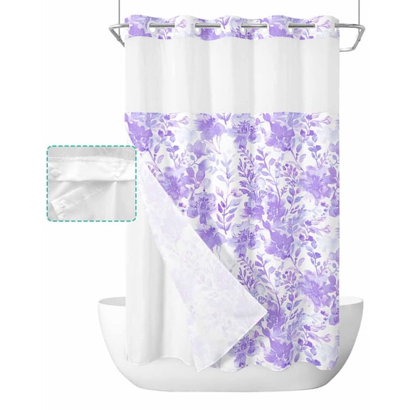 No Hook Shower Curtain with Snap in Liner, Purple Abstract Flowers Plants Watercolor Floral Hotel Shower Curtains for Bathroom, Washable Shower Curtain Liner Set with Mesh Top Window, 36"x78"