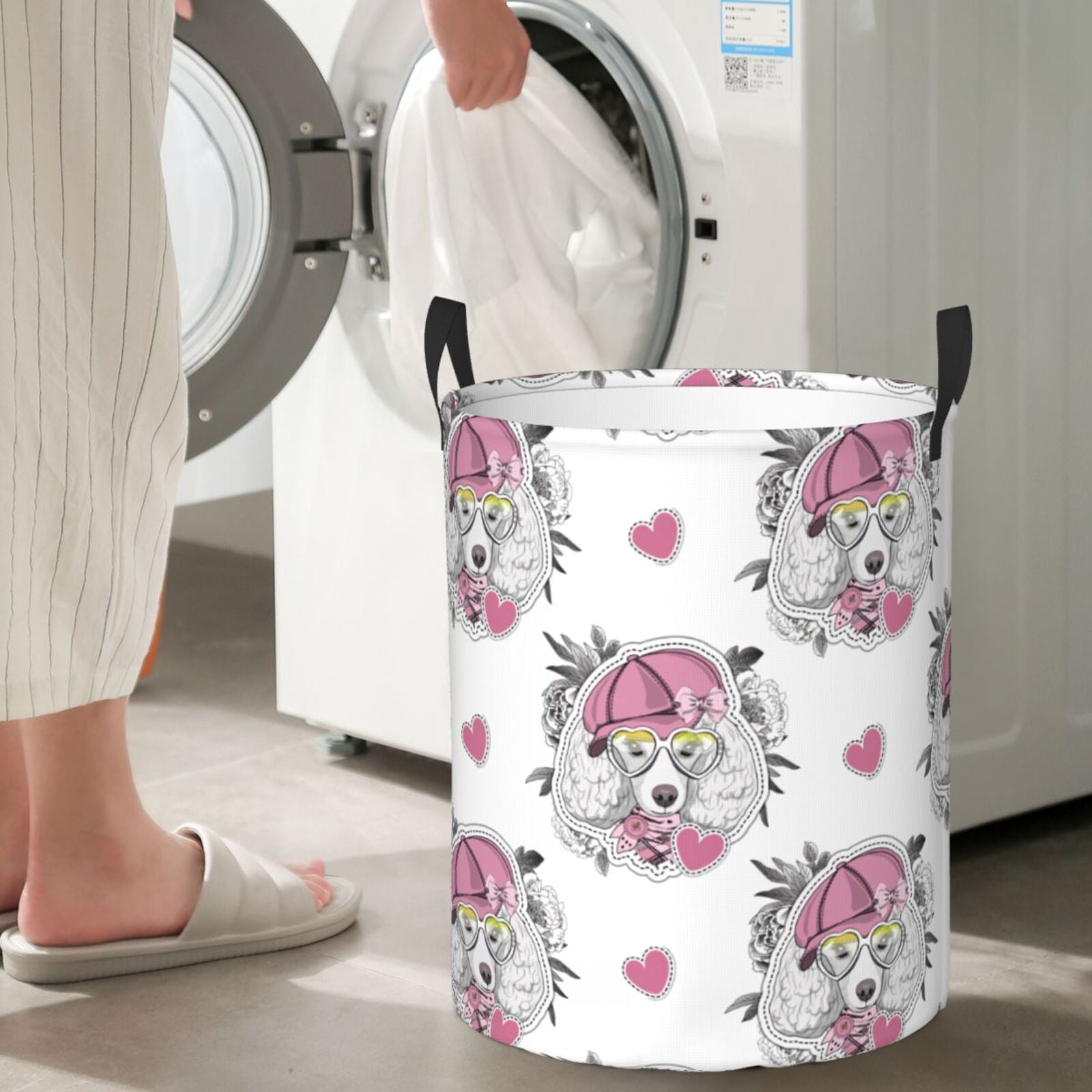 Large Laundry Basket with Handles - Artistic Cute Poodle Dog Pink_A Kids Baby Dirty Clothes Laundry Hamper for Bedroom Aesthetic