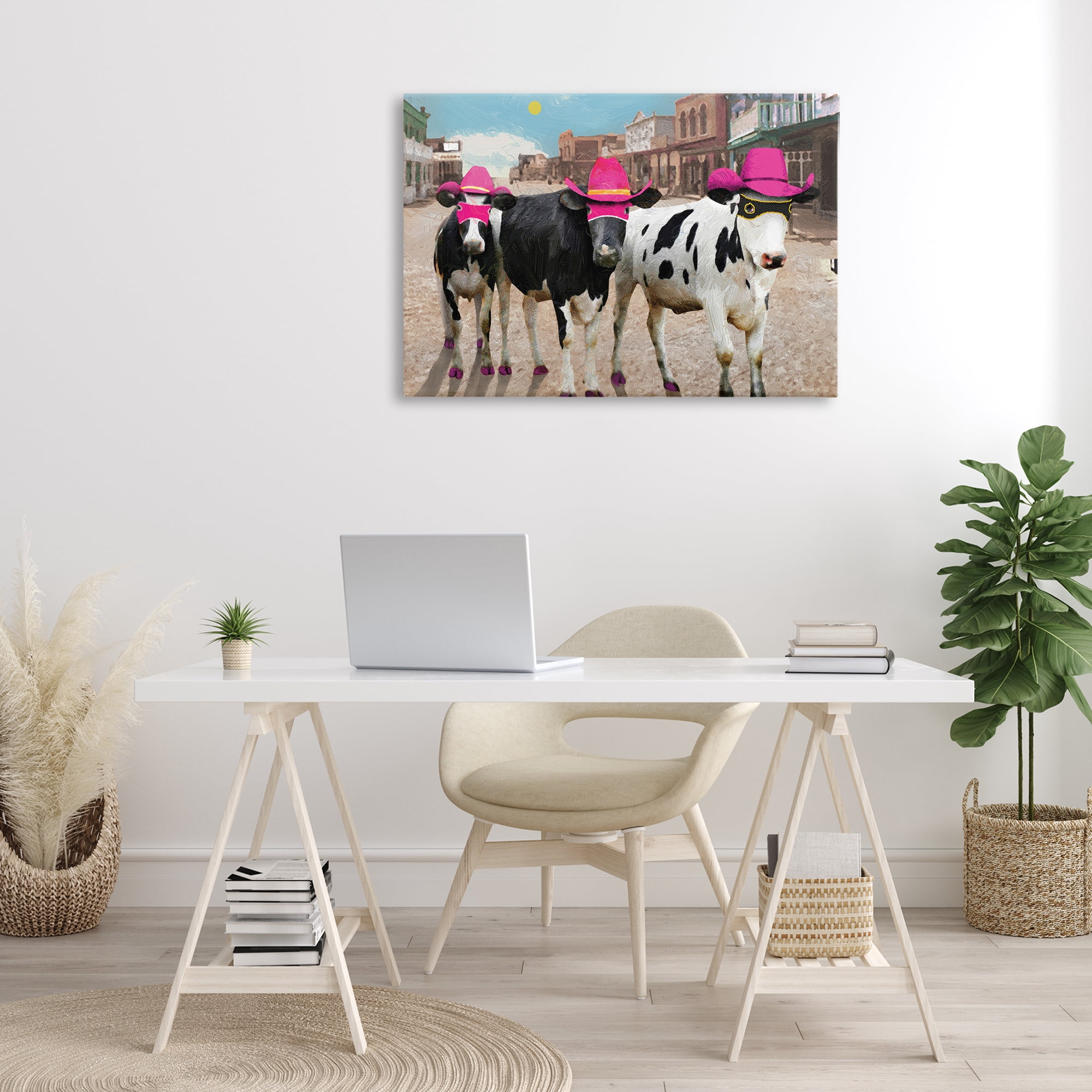Stupell Industries Superhero Cows in Town Scenery Painting Gallery Wrapped Canvas Art Print Wall Art, 36 x 24