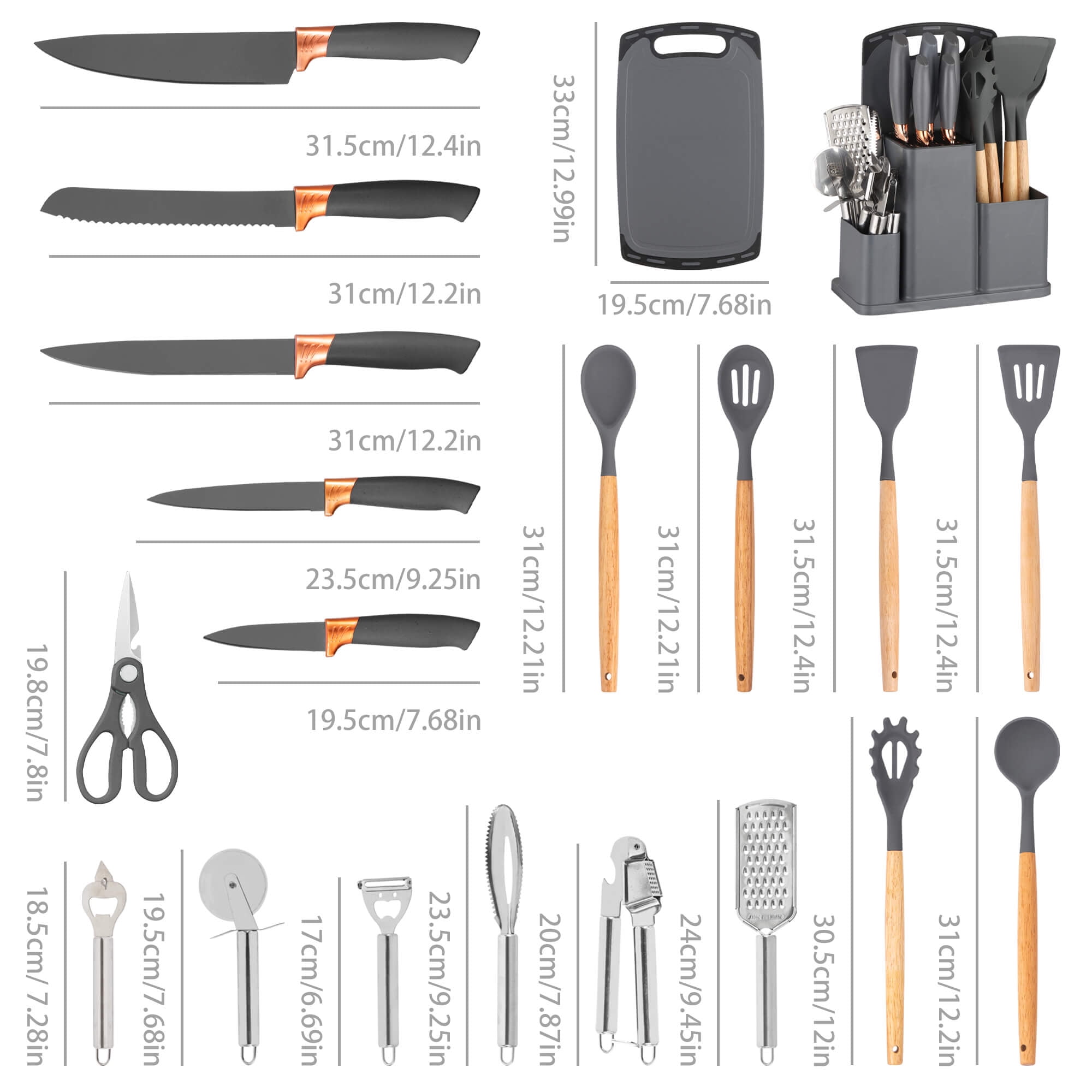 HEESEM 20 Pcs Silicone Stainless Steel Cooking Utensils Set -Multifunctional Kitchen Utensil Set - Gray