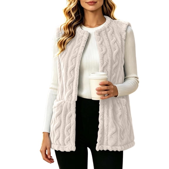 IROINNID Women's Fleece Vest Open Front Cable Knit Sleeveless Cardigan Coat with Pockets for Cozy Fall Winter Layering and Everyday Wear