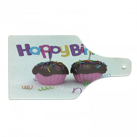 

Birthday Cutting Board 3D Illustration of Chocolate Covered Cupcakes with Greetings Attached Celebration Tempered Glass Cutting and Serving Board Wine Bottle Shape Multicolor by Ambesonne