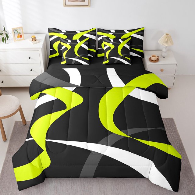Erosebridal Geometric Stripe Bedding Queen Size,Abstract Artwork Comforter Sets with Sheets,Geometry Lines Decor,Reversible,Lightweight,7 Pieces