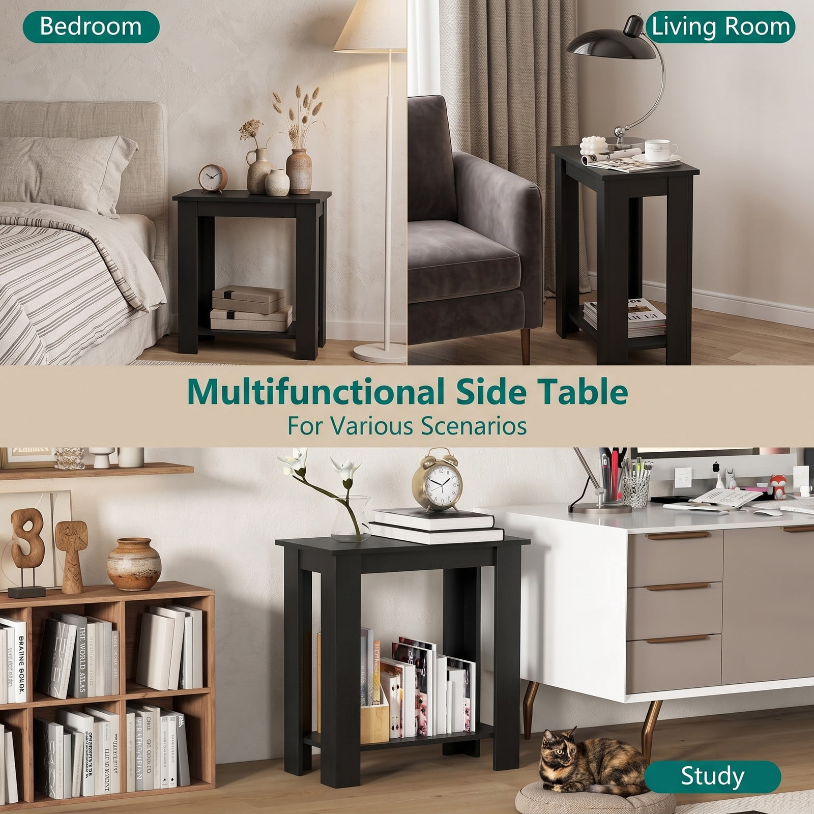 Furnibear 2-Tier Modern End Table with Storage Shelf, Compact Wooden Nightstand Sofa Side Table for Living Room Bedroom Small Spaces, Black