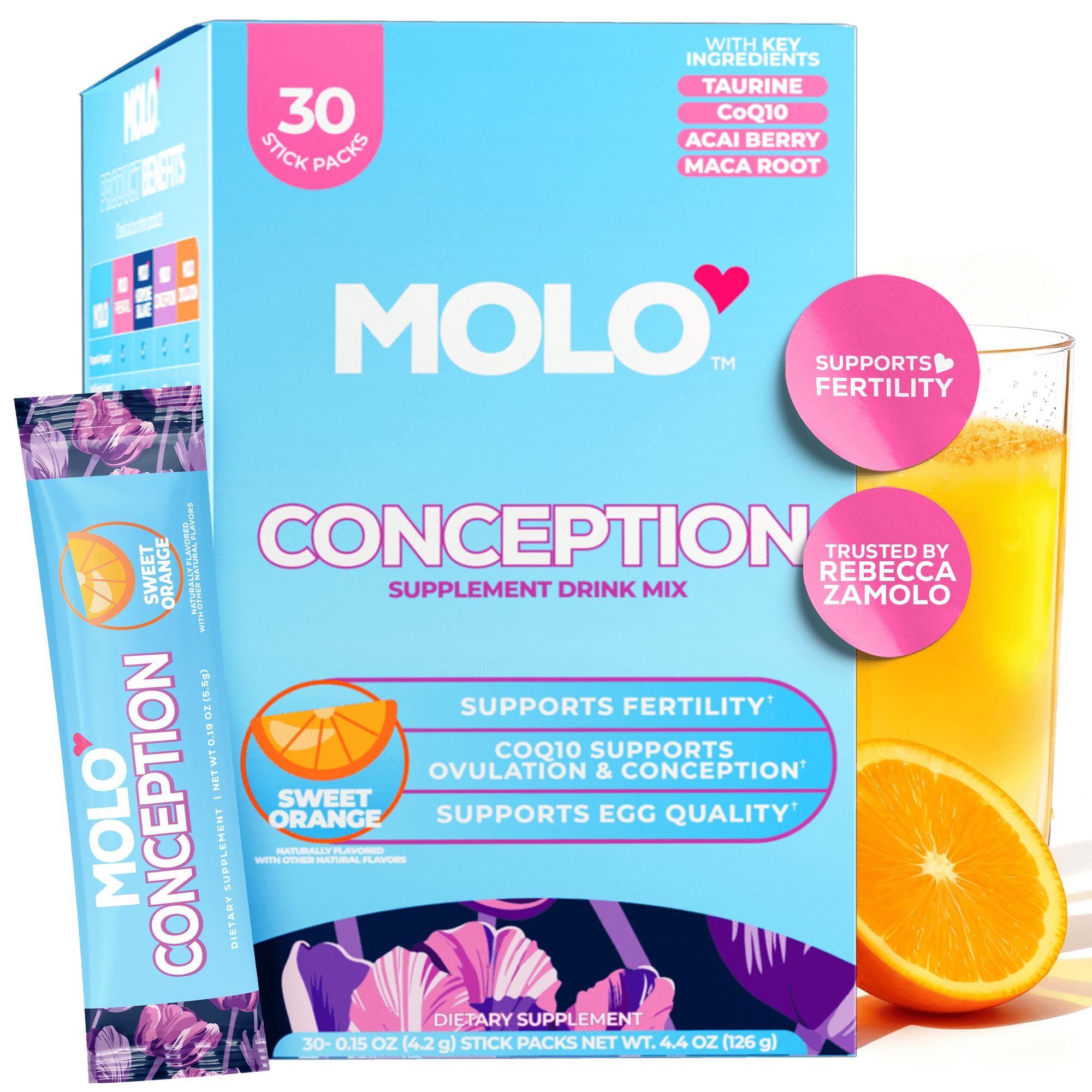 Molo Conception Supplement Drink Mix, Supports Fertility & Egg Quality Support, Sweet Orange, 30 pack