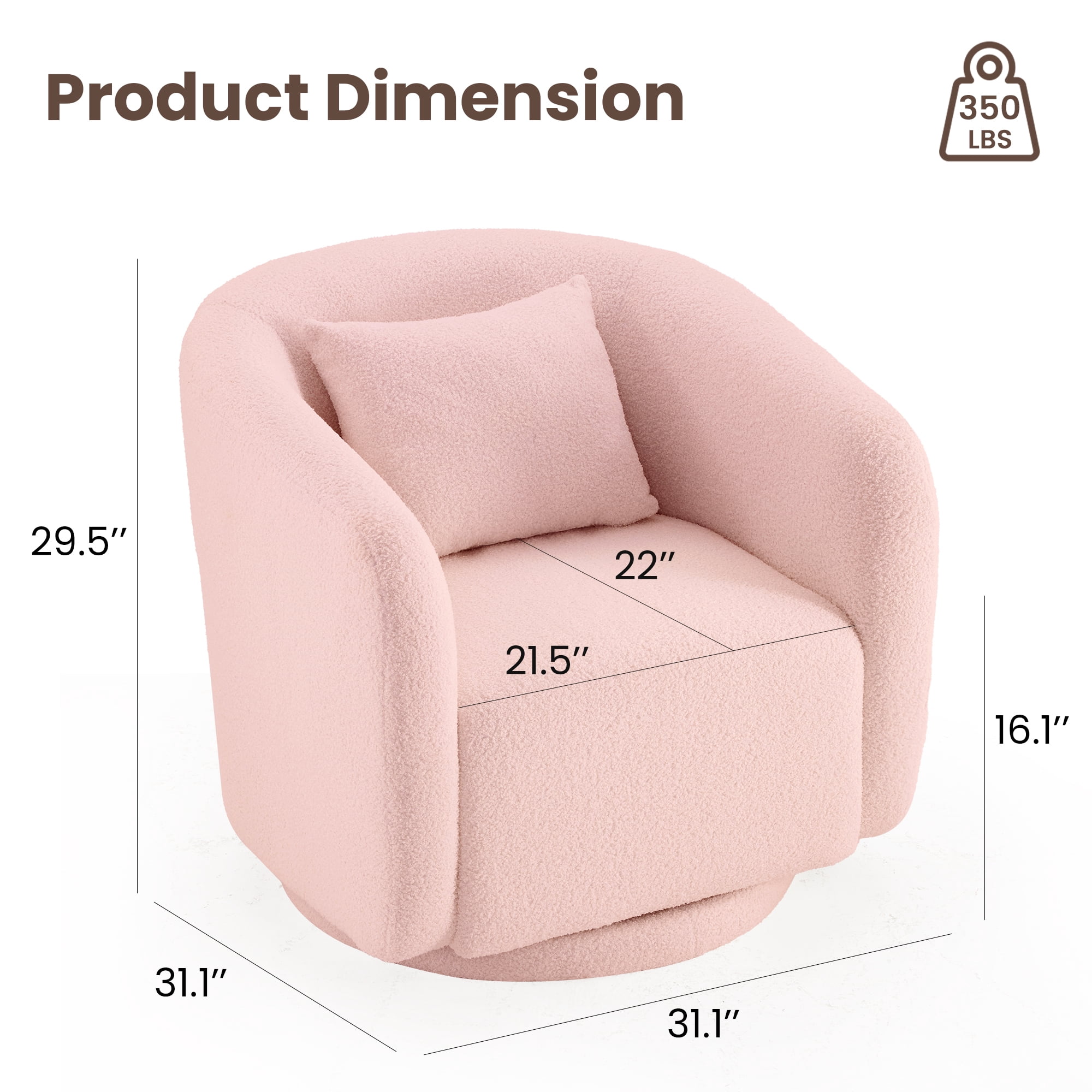 MAYEERTY 31.1" Pink Boucle 360° Swivel Barrel Chair,350LBS Wood Frame Accent Chair with Pillow for Living Room Bedroom Office