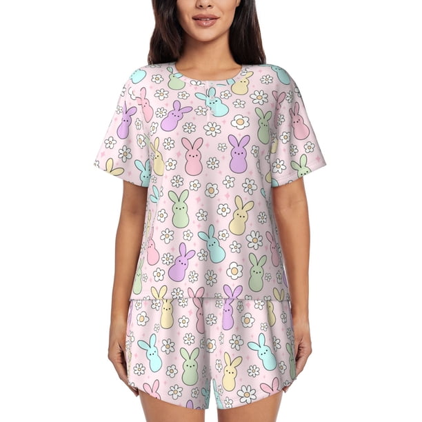 Balery Colorful Bunny Conjunto de Pijama para Mujer con Estampado, Dos Piezas de Manga Corta y Shorts, Ropa de Dormir Suave con Cuello Redondo y Bolsillos-Small