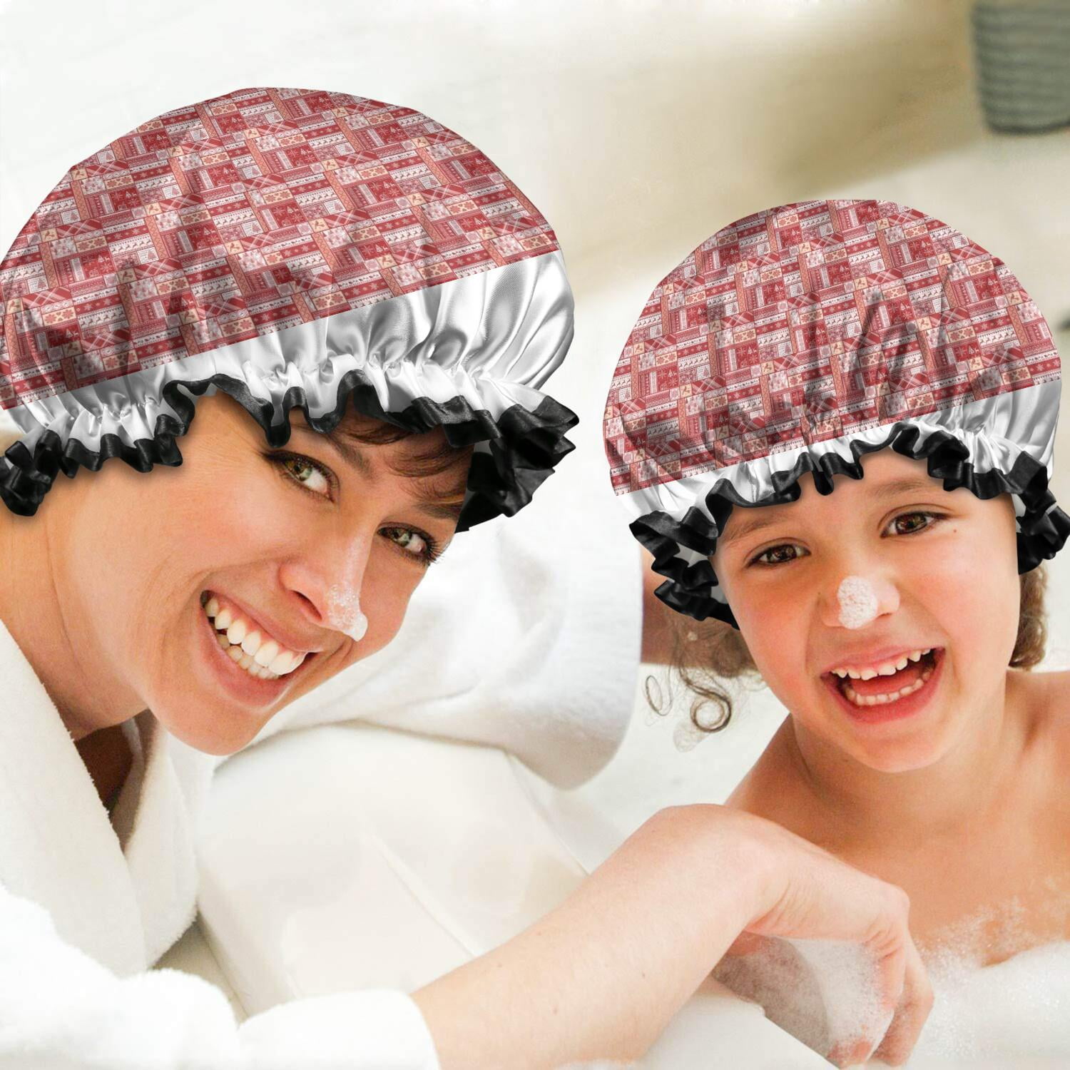 Shower Caps,Red Christmas Patchwork Pattern Waterproof Shower Cap for Women 4 Pieces,Double Reusable Hair Cover for Shower PEVA Elastic Stretch Hem