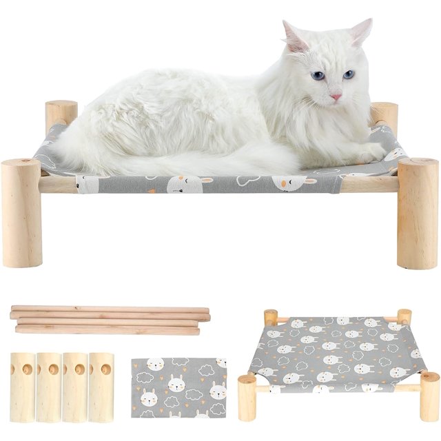 Cama de hamaca para gatos Cama elevada de madera para gatos Cama para dormir para mascotas lavable y extraíble Cama para gatos transpirable Apta para gatos y cachorros en interiores y exteri